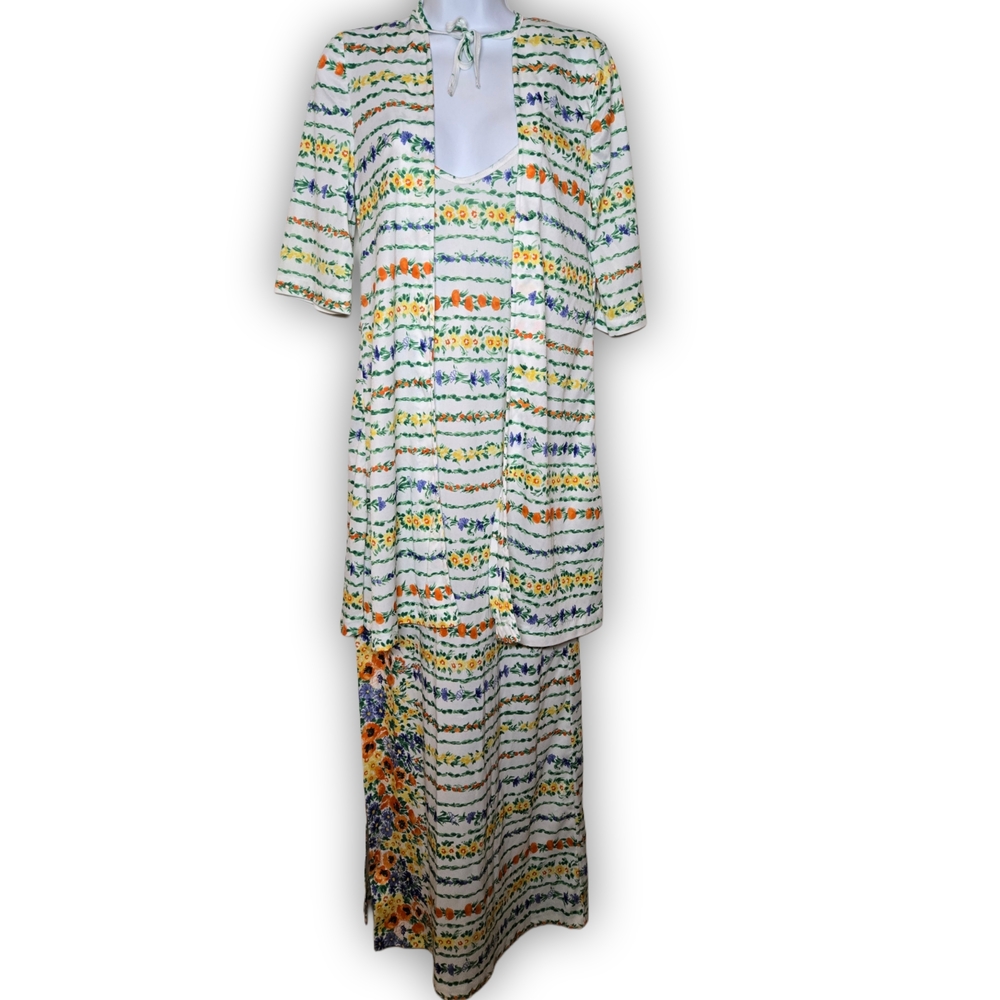 Floral Striped Maxi Dress Night Gown Slip Robe Set in White and Multi